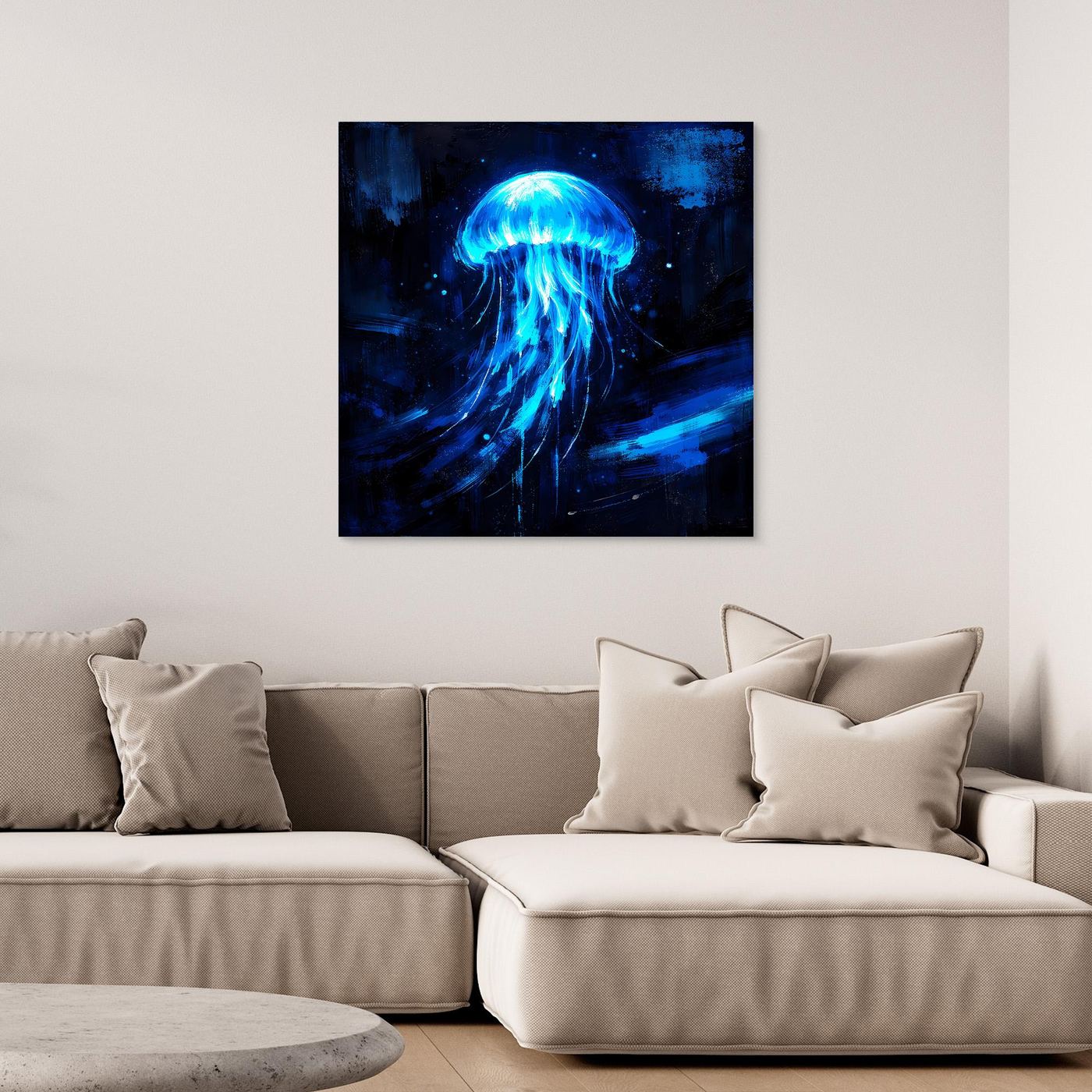 Leinwand Leuchtende Qualle im Tiefsee-Ozean | Abstraktes Biolumineszenz Wandbild