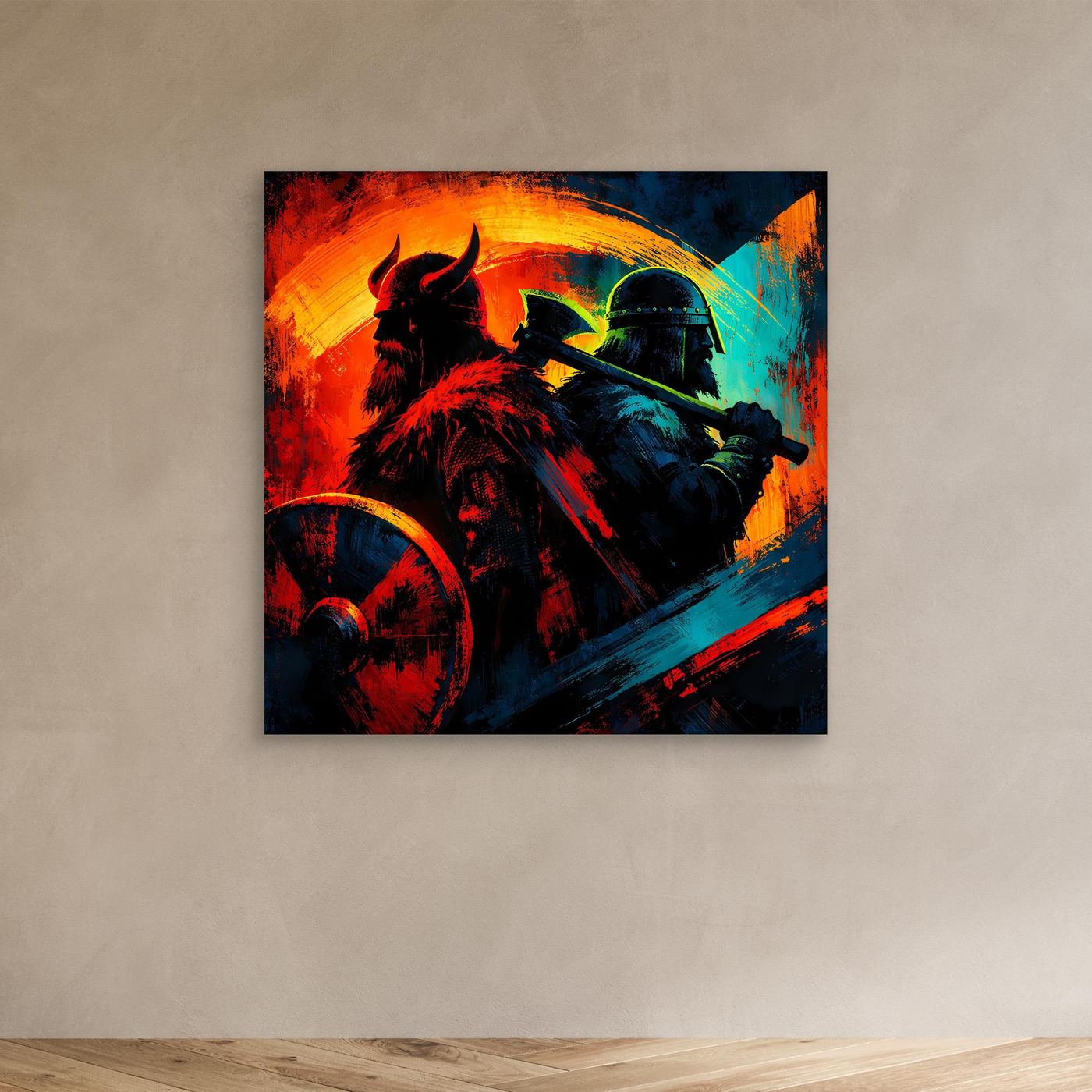Leinwand-Wandbild mit Wikingerkrieger, Helm und Axt, farbige Szene, ohne Rahmen