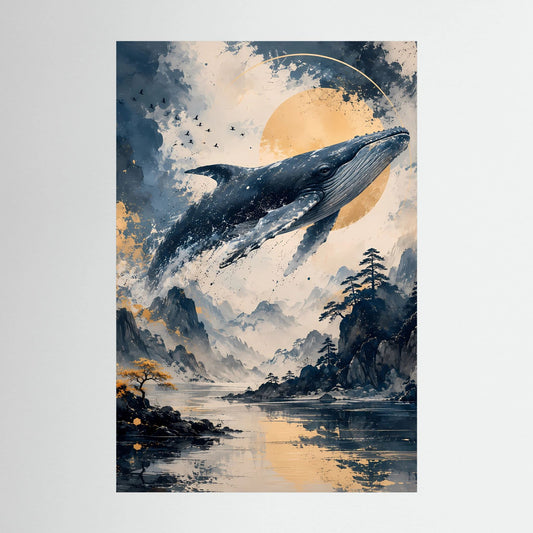 Poster im Hochformat mit Wal über surreale Berglandschaft in Blau und Creme