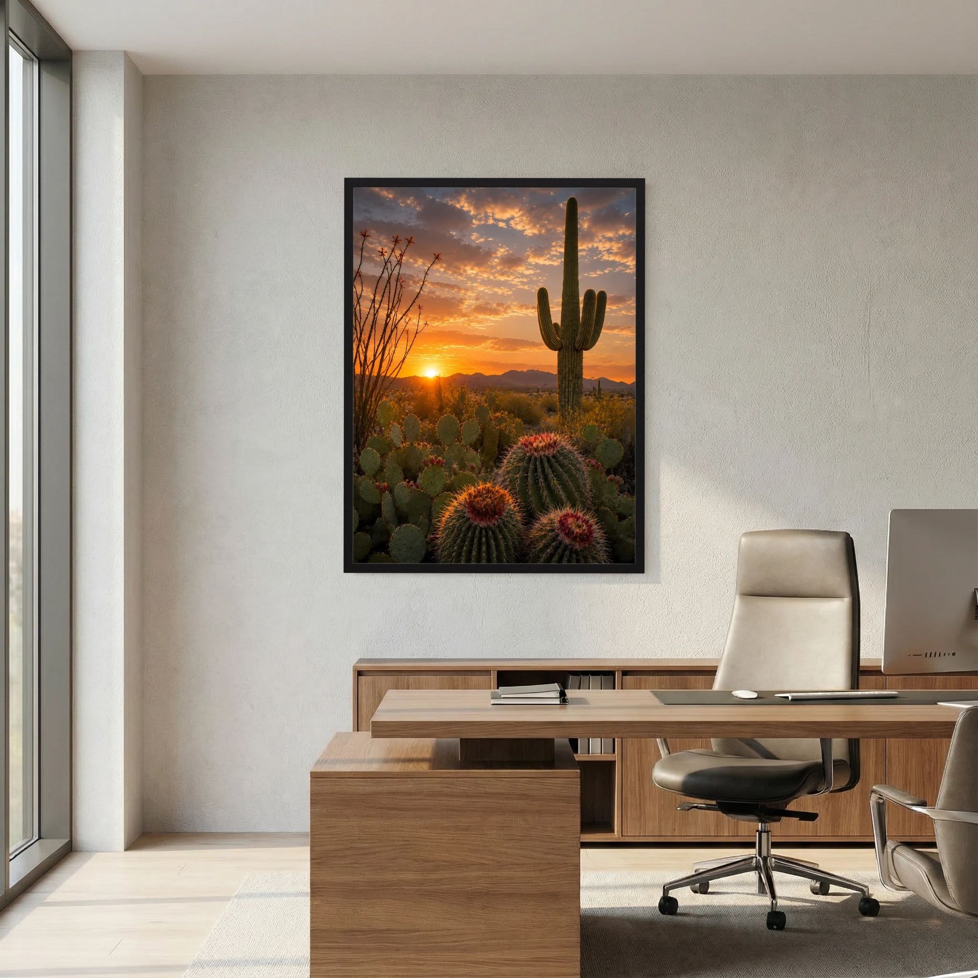 Gerahmtes Poster mit Wüstenkakteen und Sonnenuntergang in warmen Farben