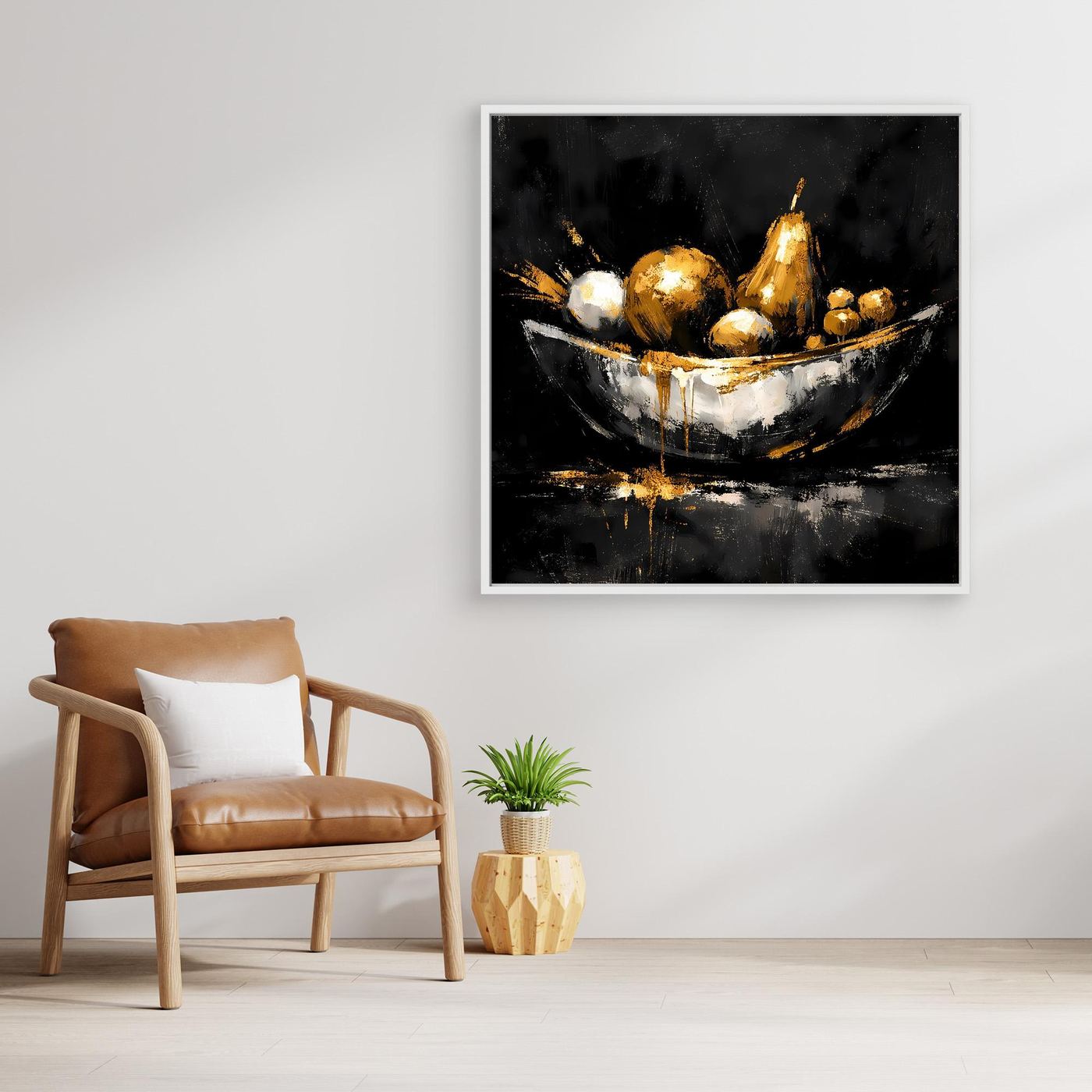 Leinwand Elegante Obstschale in Gold und Silber | Modernes Luxus Stillleben Wandbild