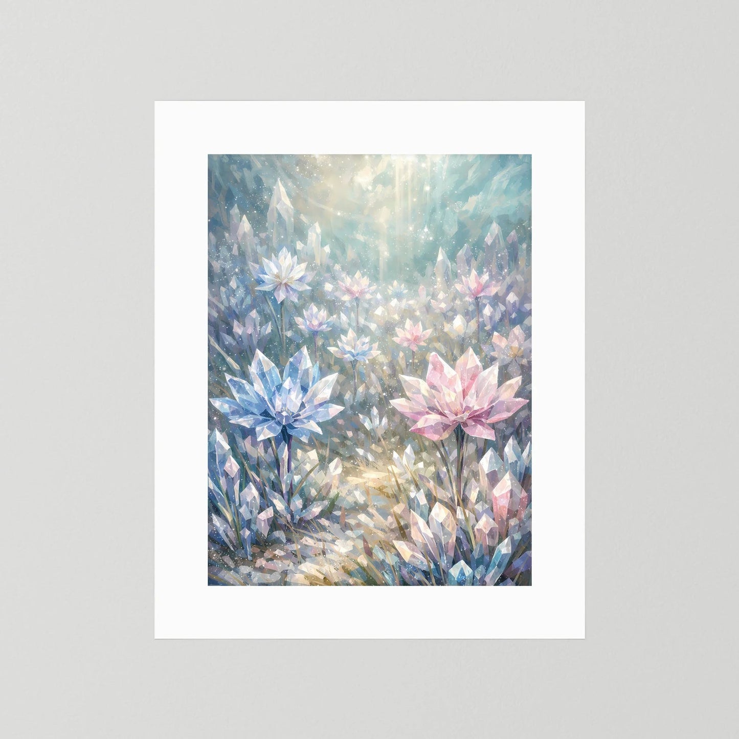 Ungefordertes Hochformat-Poster mit Kristallblumen in Pastellblau und Rosa.