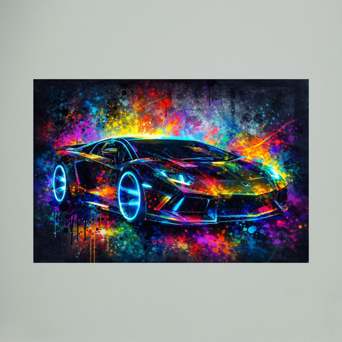 Abstraktes Sportwagen-Poster mit Neon-Supercar und bunten Spritzmustern auf dunklem Hintergrund