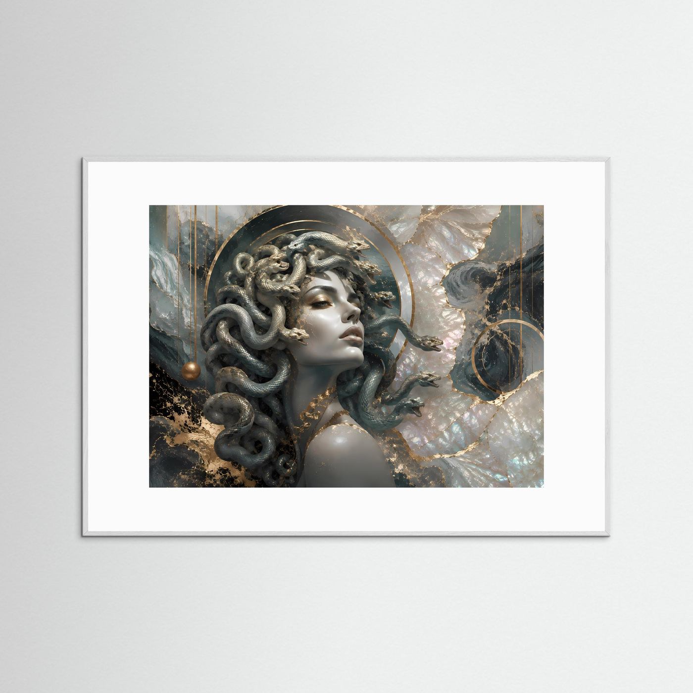 Kunstposter mit Medusa im Profil, silbernes Gesicht und Schlangenhaar, weißer Rahmen