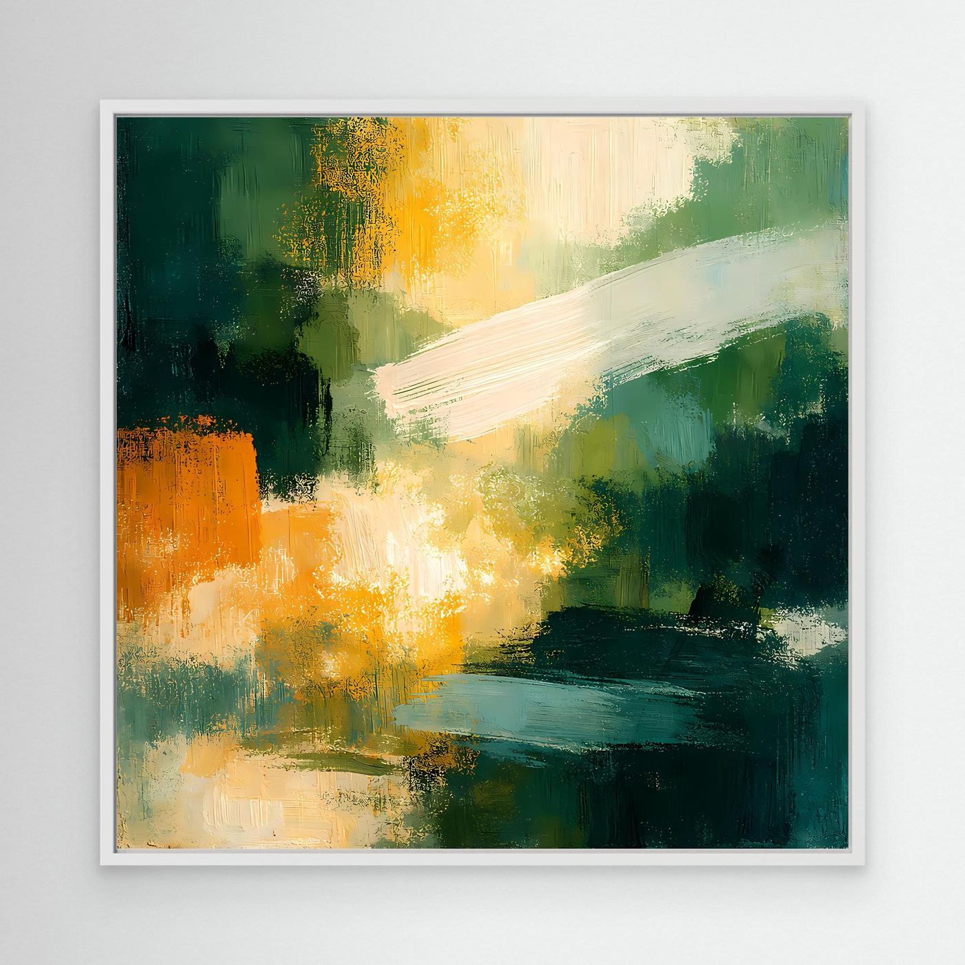 Abstraktes Leinwand-Wandbild, grün-gelb-orangenes Motiv mit weißem Strich, weißer Rahmen