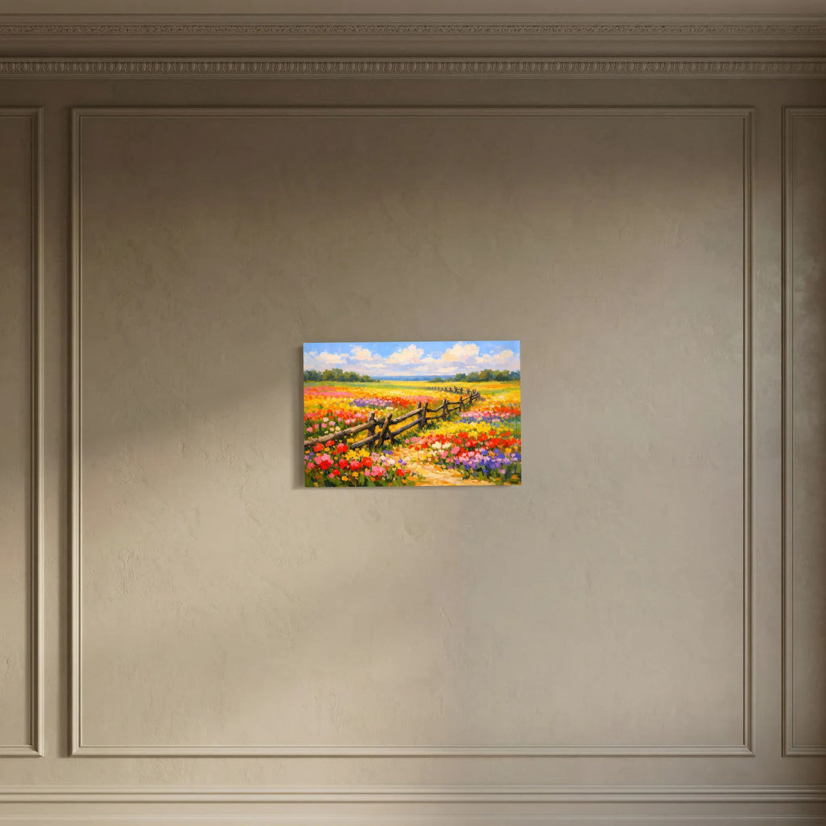 Querformatiges Wandbild mit farbenfroher Sommerwiese und Holzzaun