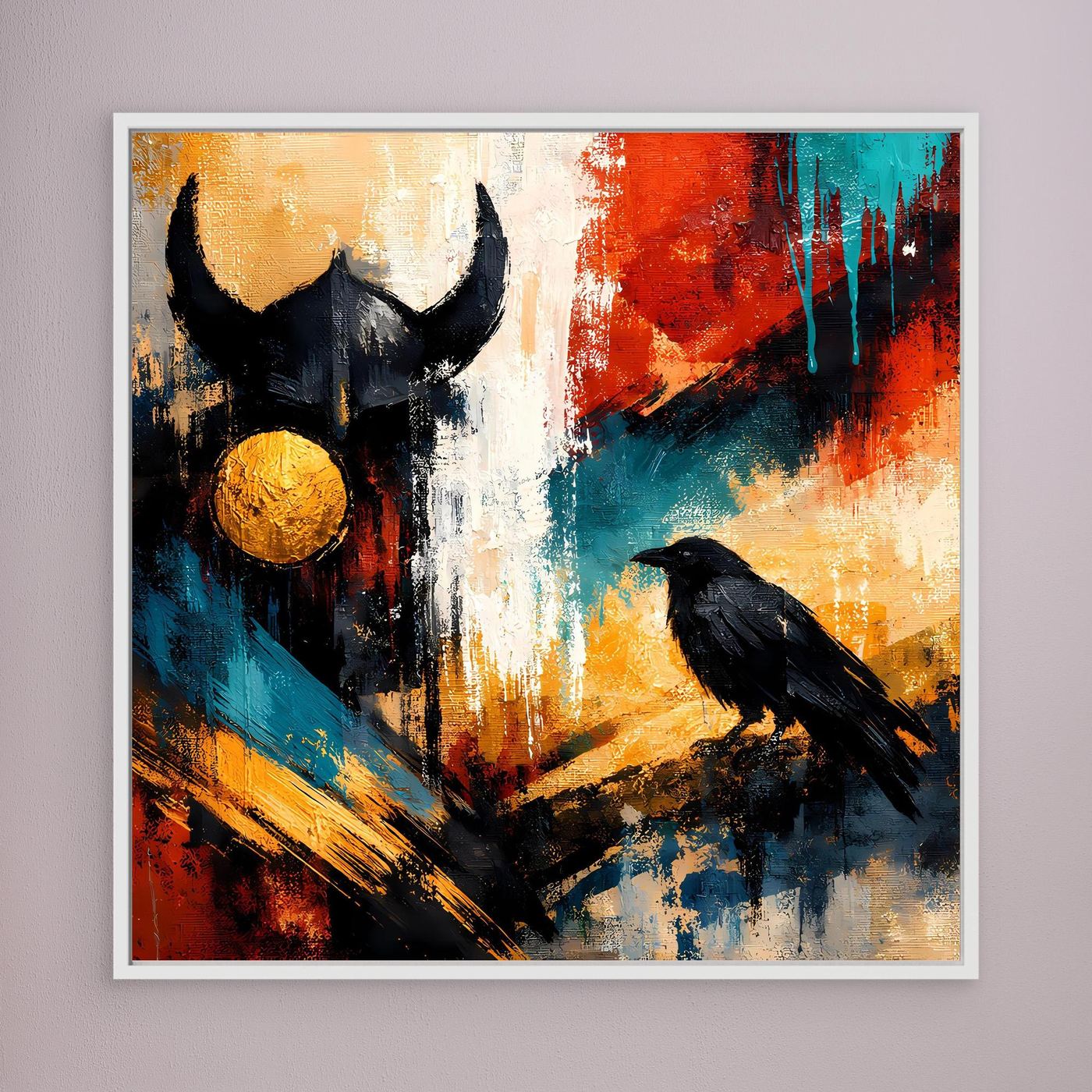 Wandbild mit dunklem Wikingerhelm, goldener Kugel und Rabe in kräftigen Farben, weiß gerahmt