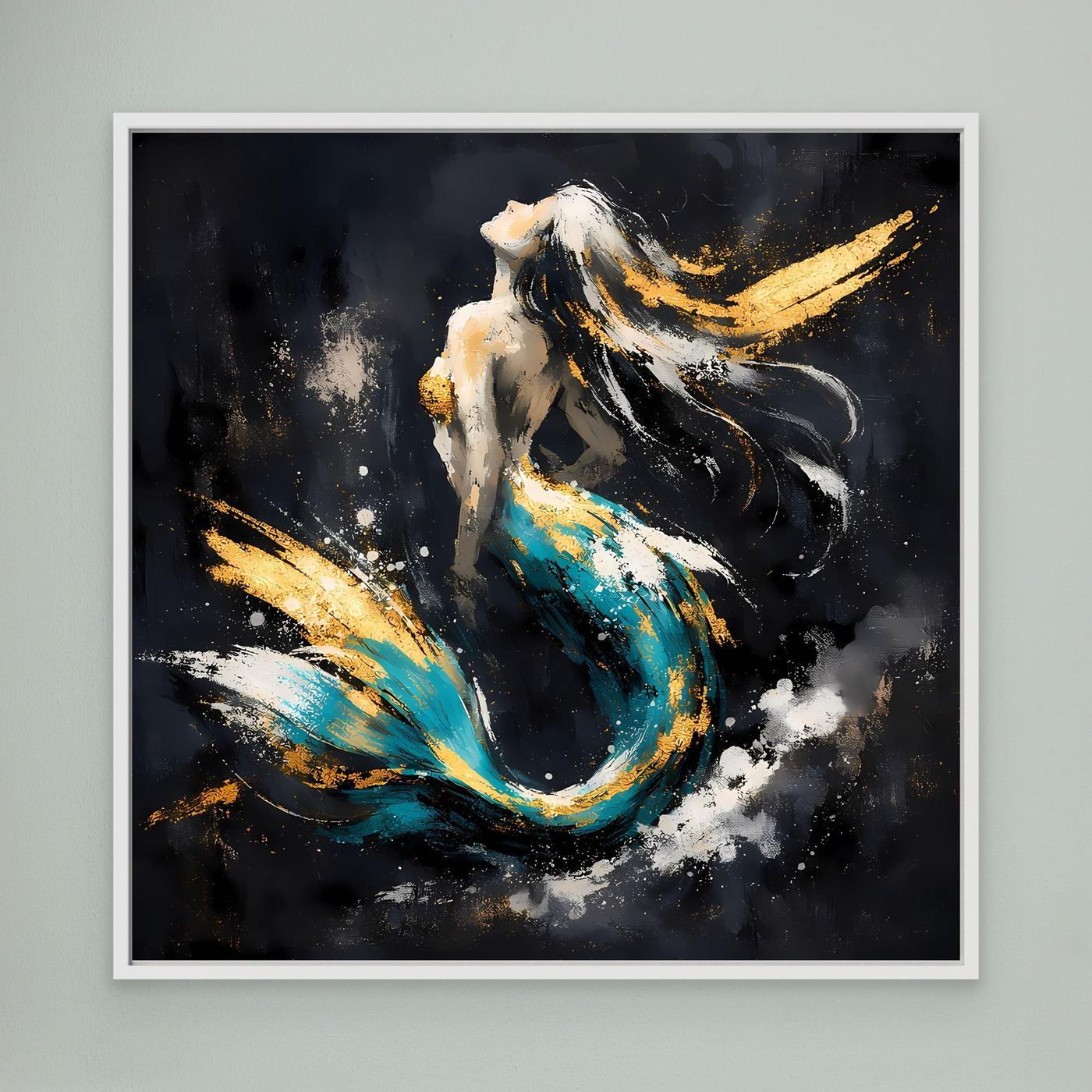 Leinwand Elegante Meerjungfrau in Türkis und Gold | Modernes Fantasy Wandbild