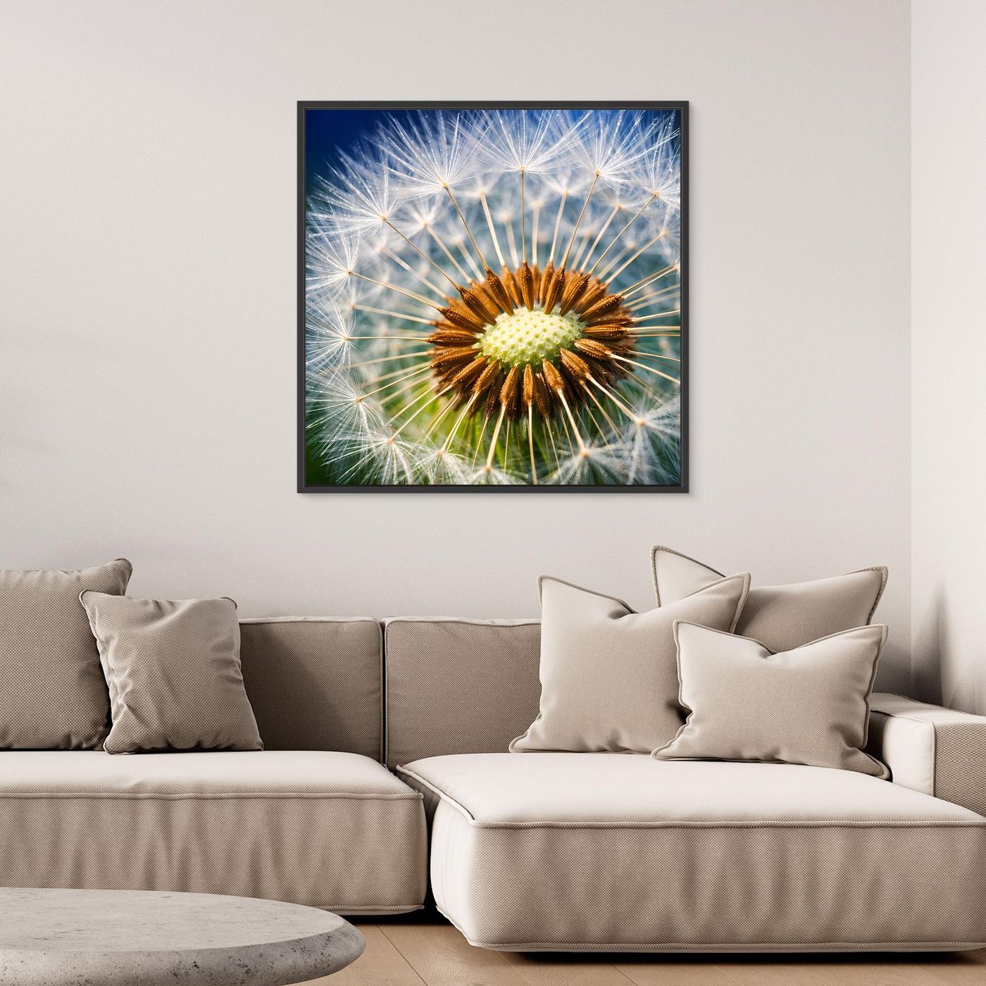 Gerahmtes Leinwandbild mit Pusteblume-Makro, braunes Korn in leuchtenden Fäden auf Blau