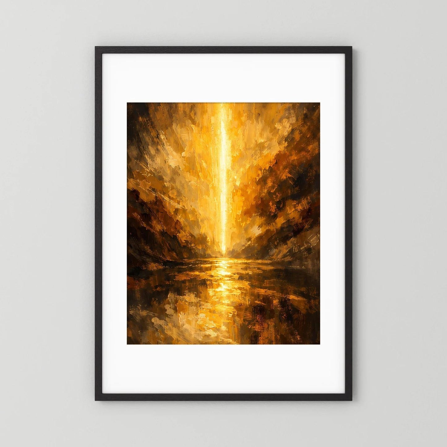 Wandposter mit schwarzem Rahmen und weißem Passepartout, goldene Schlucht mit Lichtstrahl