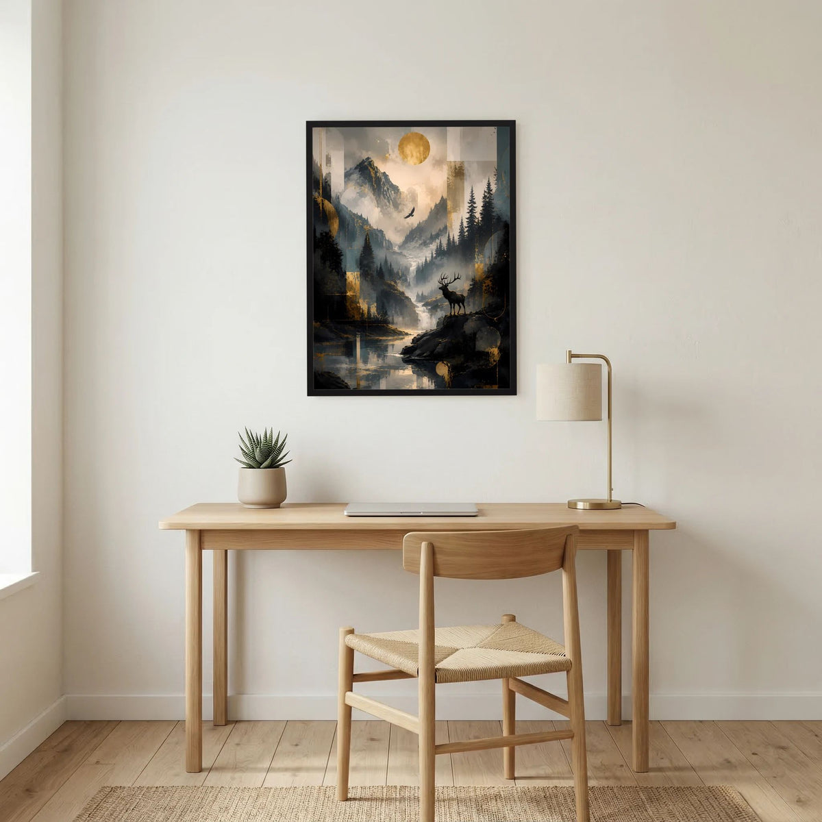 Gerahmtes Poster im Hochformat: Berge, Hirsch und goldene Sonne
