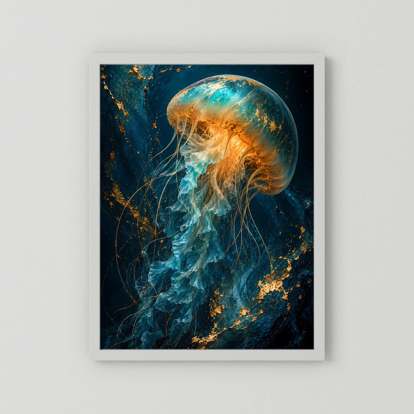 Poster mit leuchtender Qualle in Türkis und Gold, weißer Rahmen, Hochformat