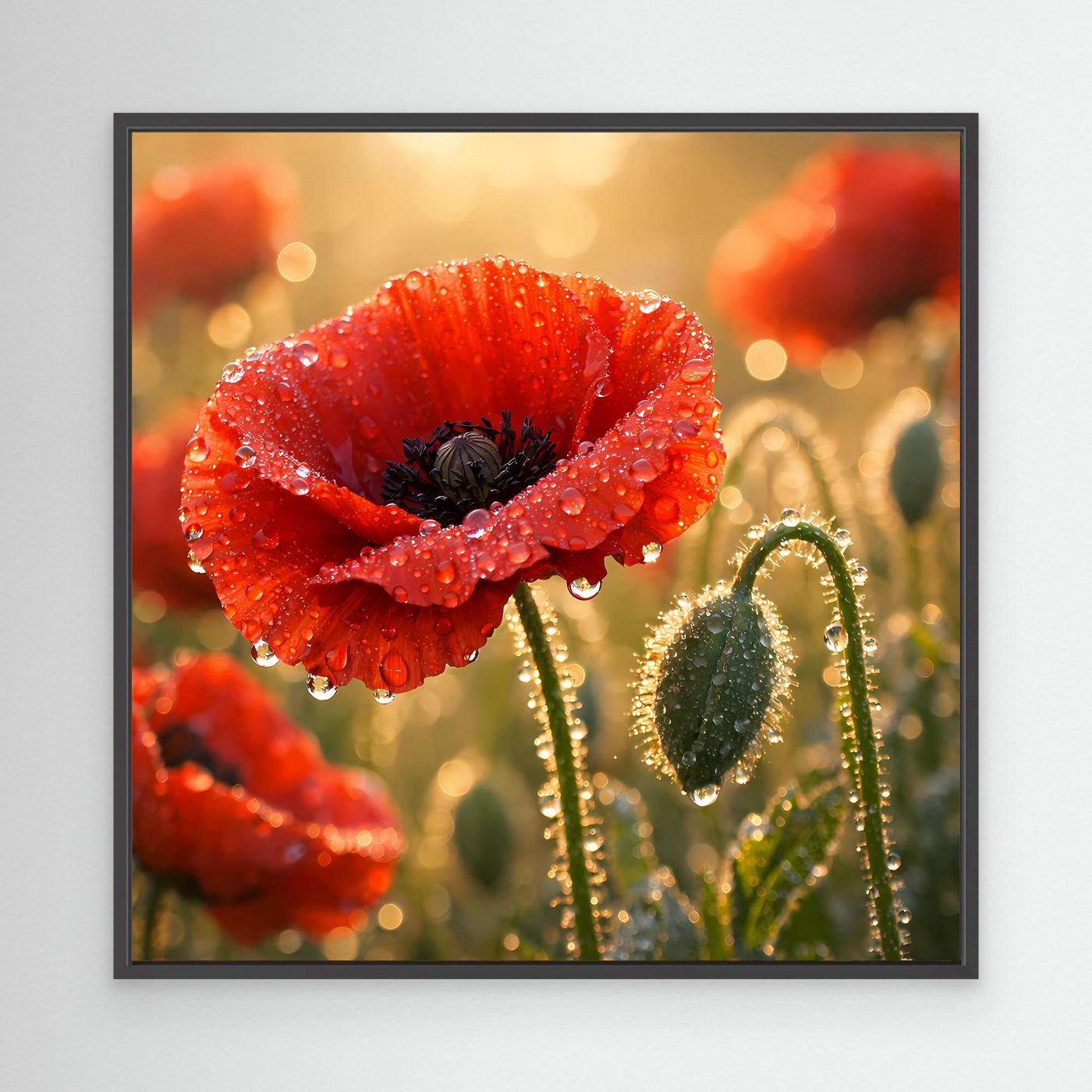 Leinwandbild mit rotem Klatschmohn und Wassertropfen, schwarzer Rahmen
