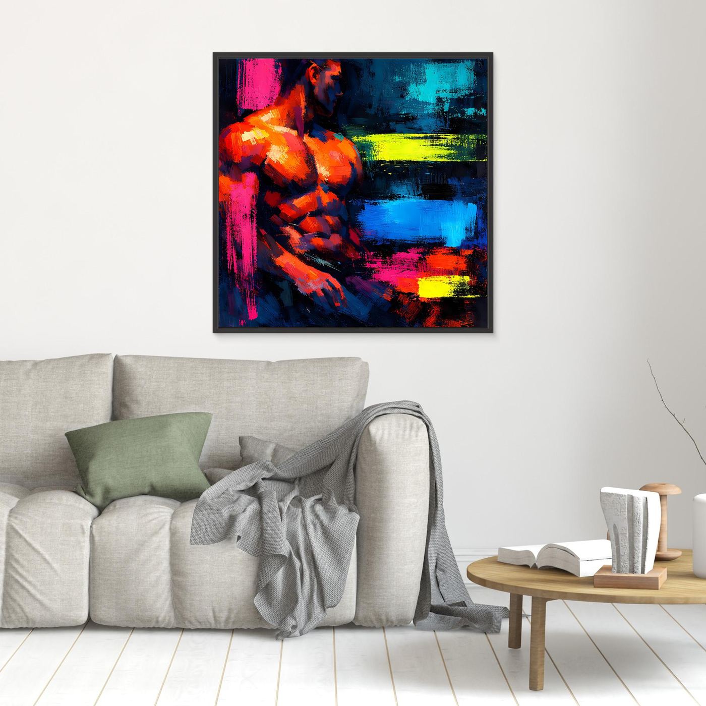 Leinwandbild Abstrakter Männlicher Torso | Moderner Neon-Kunst Wandbild auf echtem Holzkeilrahmen