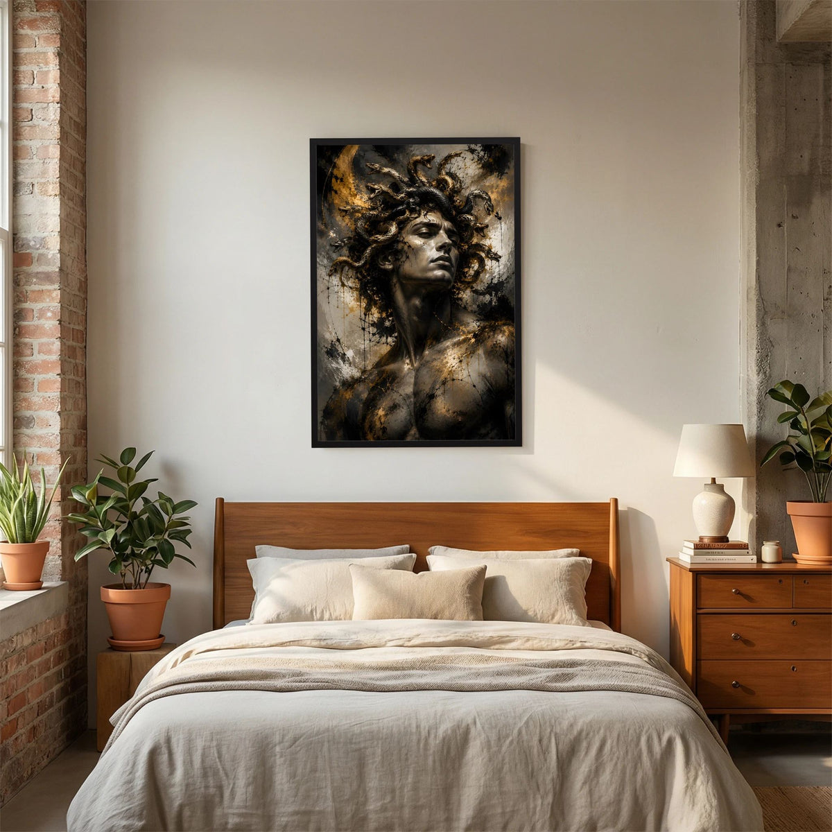 Kunstposter Hochformat mit Porträt eines Mannes, schwarzes Lockenhaar und goldene Wirbel