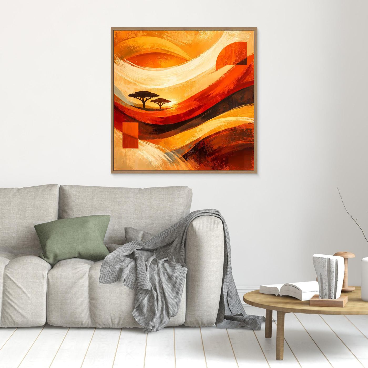 Gerahmtes Leinwandbild mit abstrakter Savannen-Szene, gold-orange und rot, Baum-Silhouette
