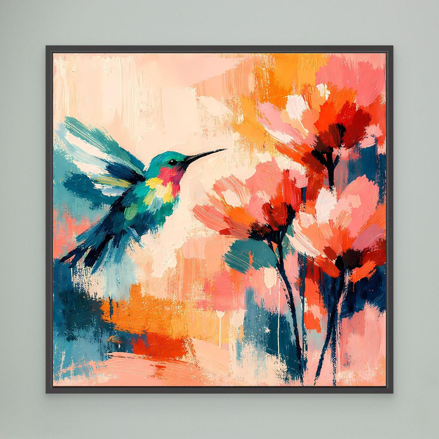 Framed abstract hummingbird and flowers wall art with colorful paint strokes, black border