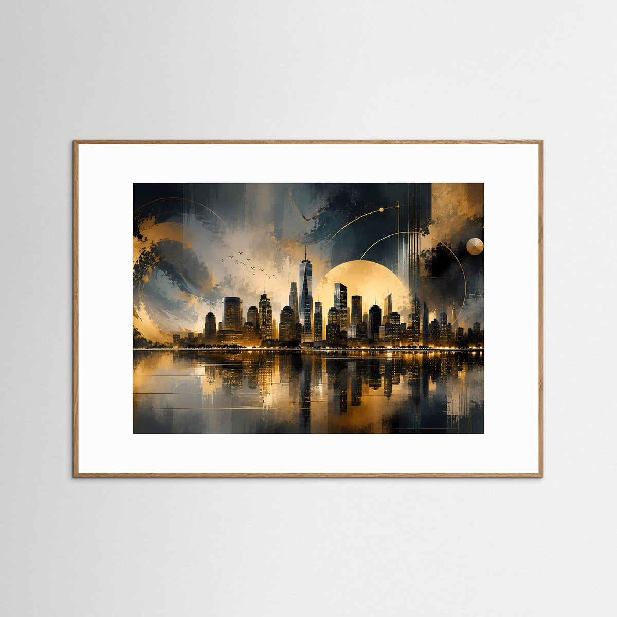 Querformat-Poster mit New-York-Skyline in Schwarz und Gold, warmes Himmelsmotiv, brauner Rahmen