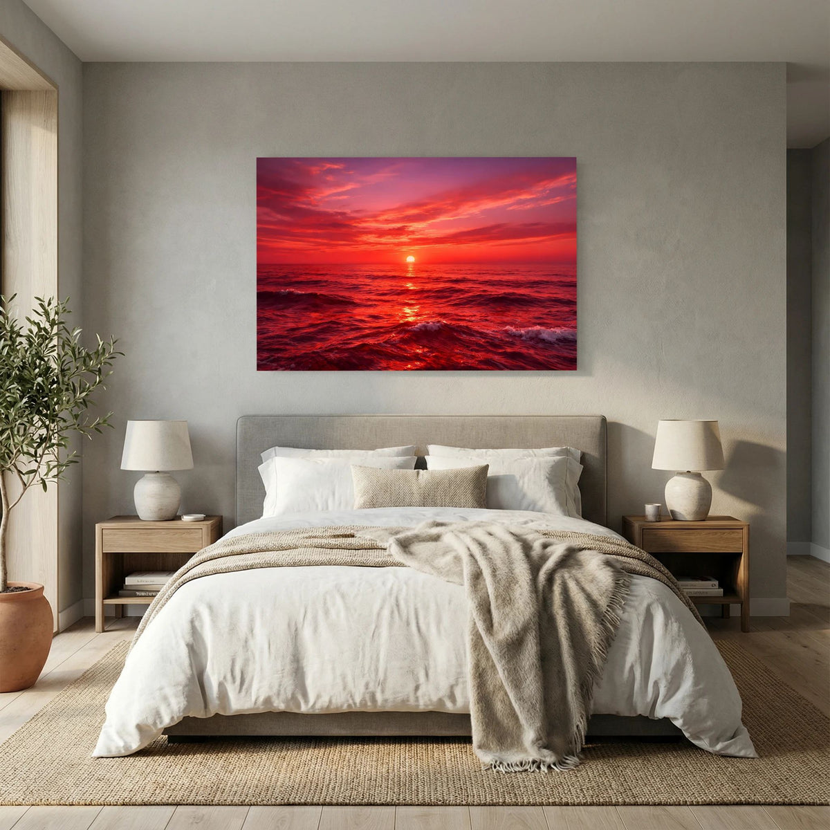 Querformat-Wandbild mit Sonnenuntergang am Meer, leuchtender Sonnenlinie im Wasser
