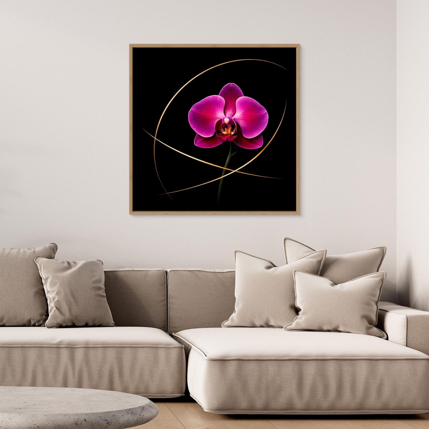 Leinwandbild Orchidee mit magenta Blüten und goldenen Linien, Holzrahmen