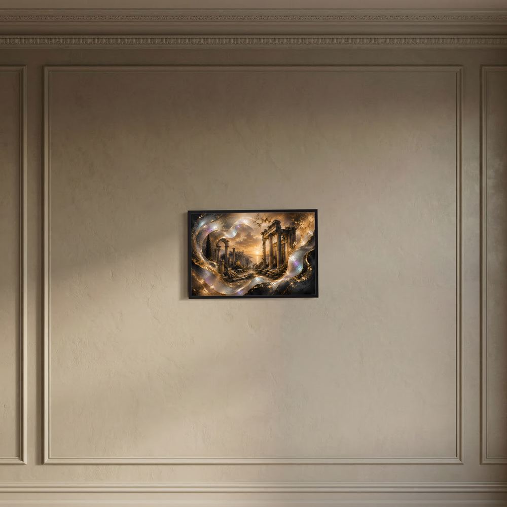 Kleines gerahmtes Poster mit antiken Tempelruinen, goldene Lichtszene und perlmuttrige Schleifen, schwarze Umrandung