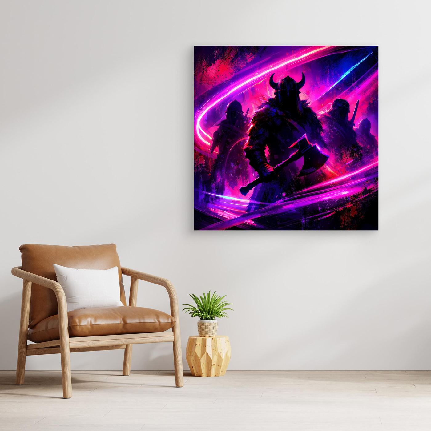 Quadratisches Leinwandbild, schwarzer Rahmen: Wikingerkrieger im Neonbogen aus Pink/Violett