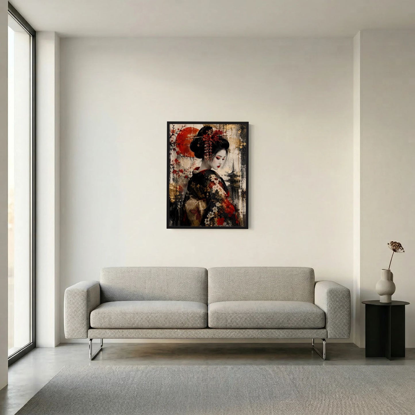 Gerahmtes Wandposter mit Porträt einer japanischen Frau, dunkle Haare, rote Blüten