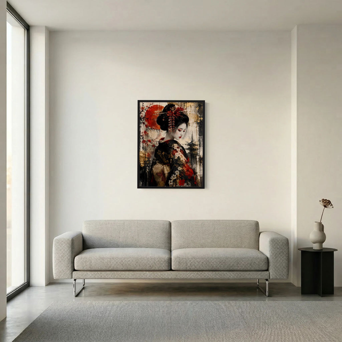 Gerahmtes Wandposter mit Porträt einer japanischen Frau, dunkle Haare, rote Blüten