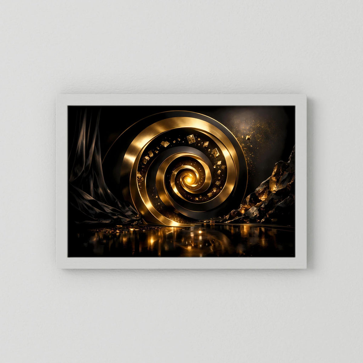 Wandbild im Querformat mit goldener 3D-Spirale, weißem Rahmen und schwarzem Kontrastbild
