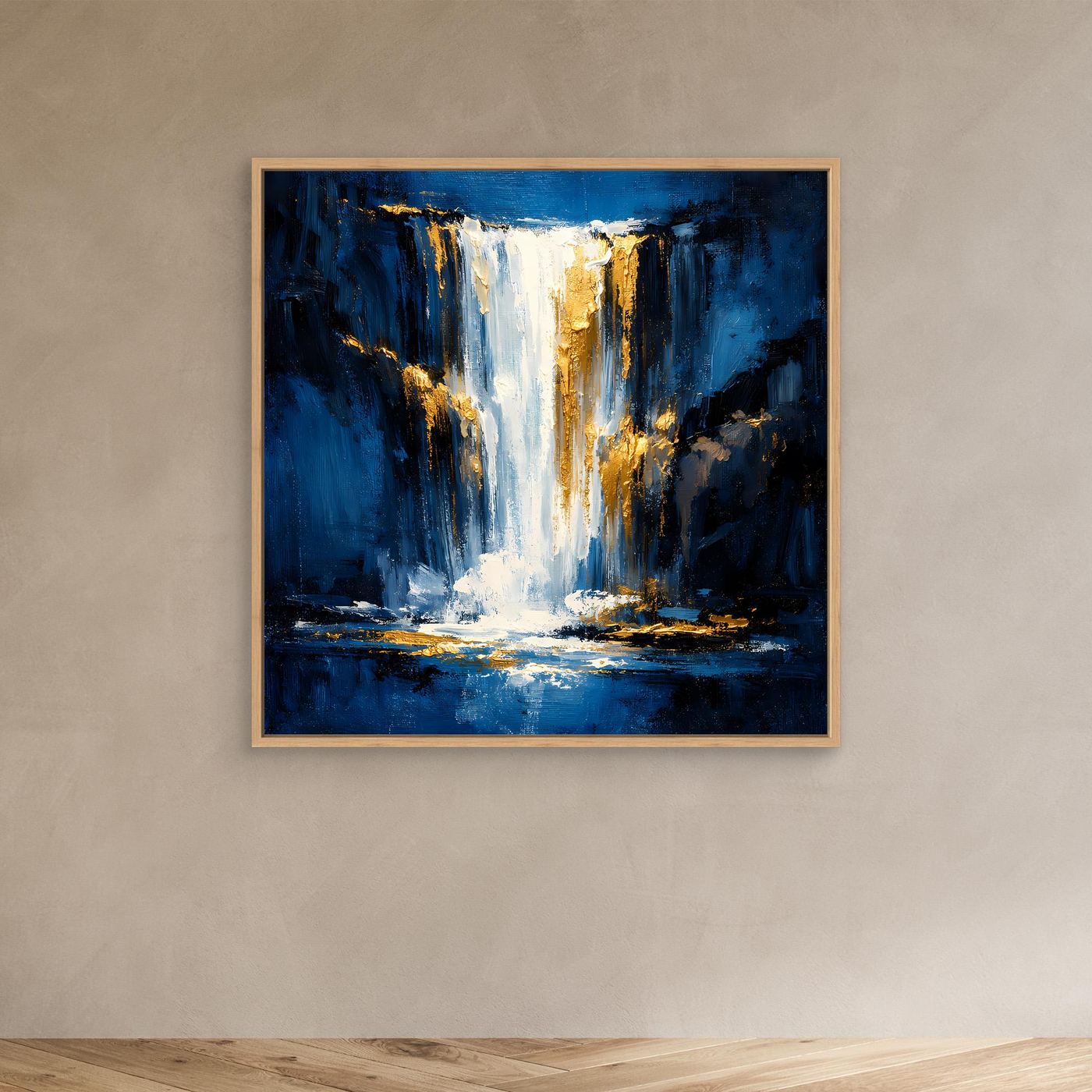 Leinwand Abstraktes Wasserfall Gemälde in Dunkelblau und Gold | Modernes Natur Wandbild