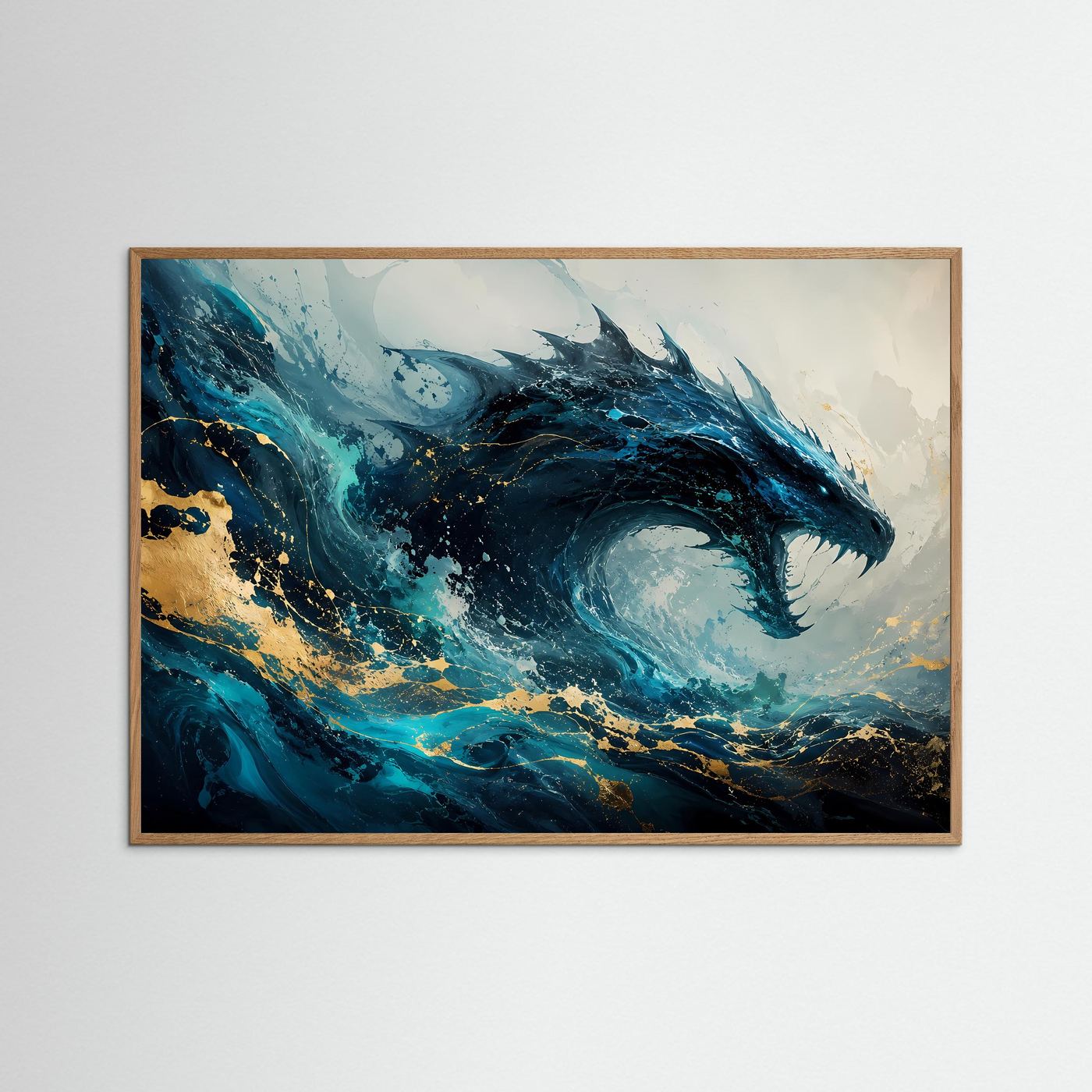 Querformat-Poster im hellem Holzrahmen: blauer Wasserdrache mit goldenen Details