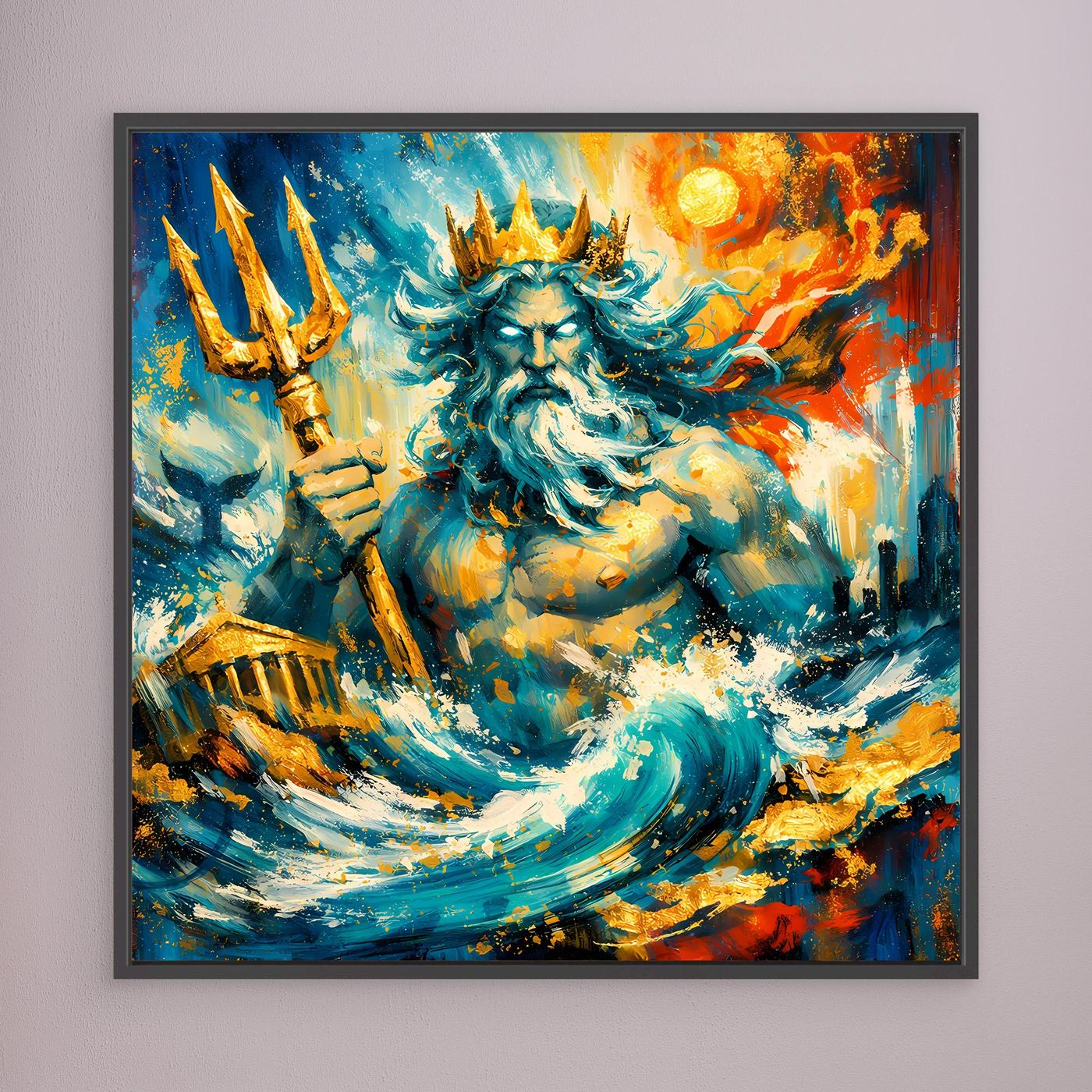 Leinwandbild mit abstrakter Poseidon-Meerfigur, türkisfarbene Elemente, dunkler Rahmen