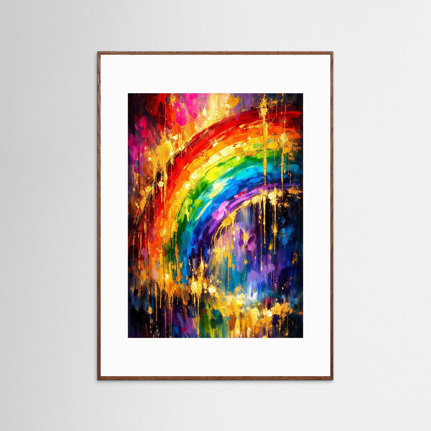Kunstposter im Hochformat mit Regenbogenbogen und Gold-Details im braunen Holzrahmen