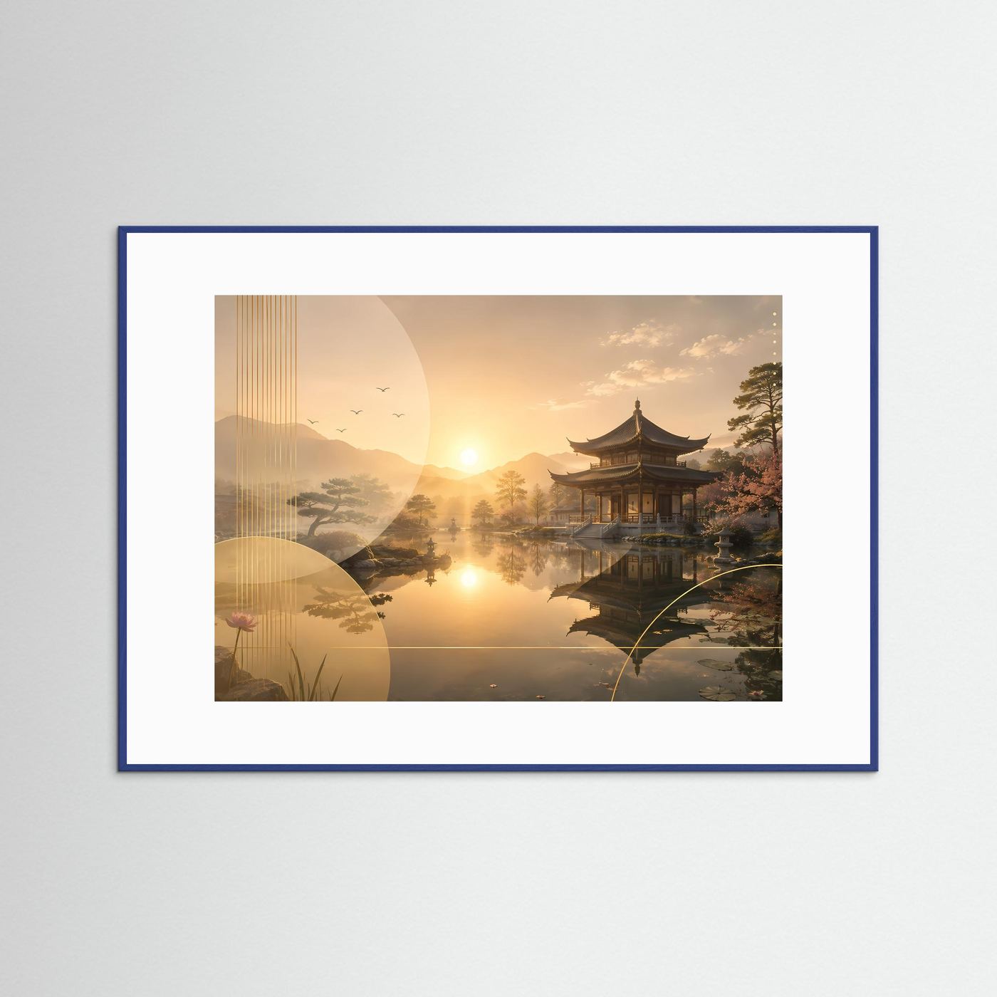 Gerahmtes Wandbild mit asiatischem Tempel am See bei goldenem Sonnenuntergang, blauer Rahmen