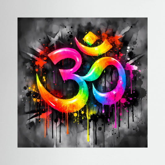 Leinwandbild mit Om-Symbol auf Keilrahmen, abstrakt in Regenbogenfarben mit Farbspritzern.