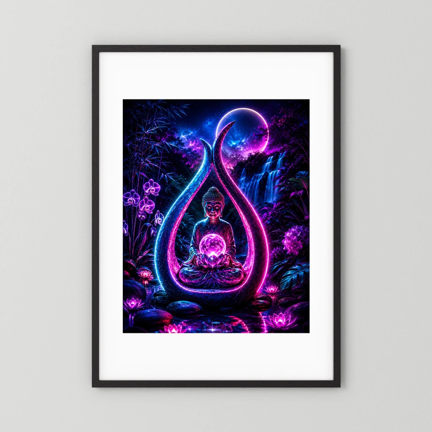 Neon-Poster im Hochformat: Buddha in Lotuspose, schwarze Einfassung mit weißem Rand