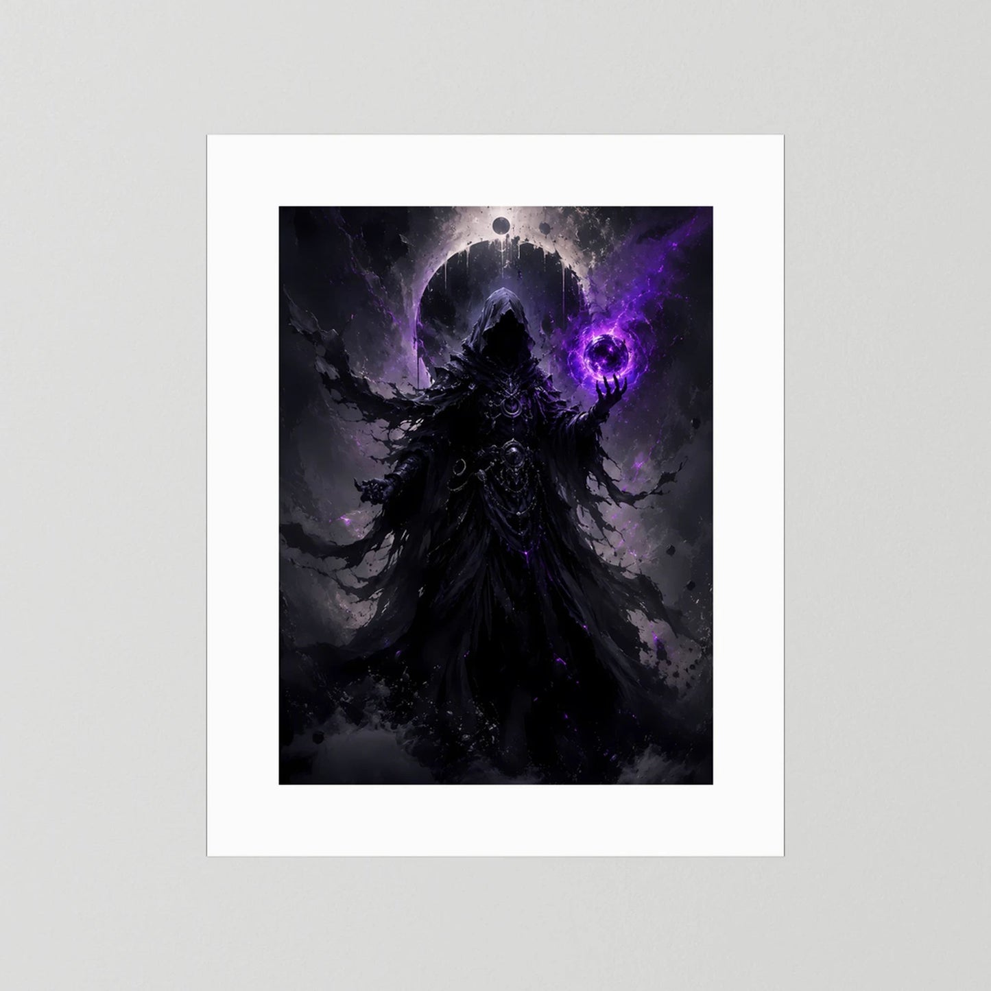 Fantasy-Poster mit weißem Rand: dunkler Magier mit violetter Energie