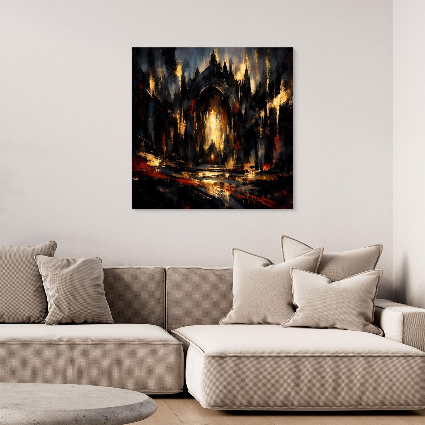 Leinwandbild abstrakte gotische Kathedrale, dunkel, goldene Lichter, schwarzer Rahmen