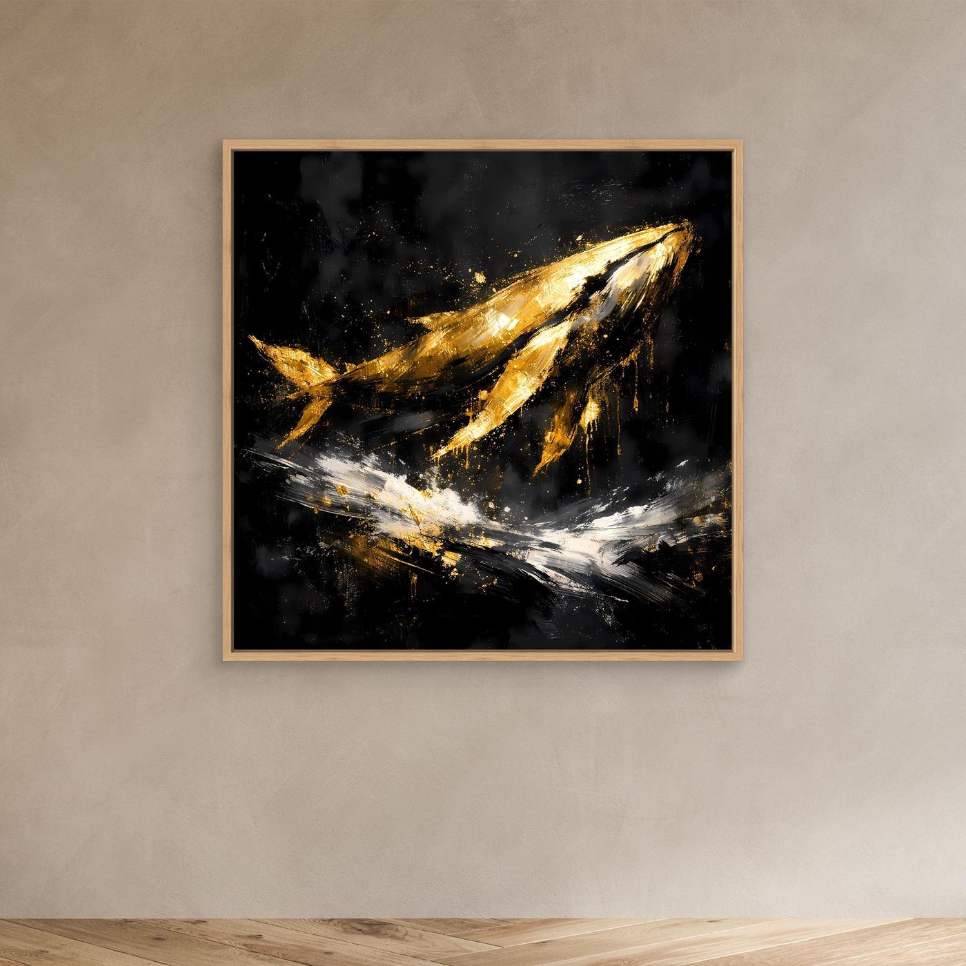 Leinwand Majestätischer Wal in Gold und Schwarz | Modernes Abstraktes Meeres Wandbild