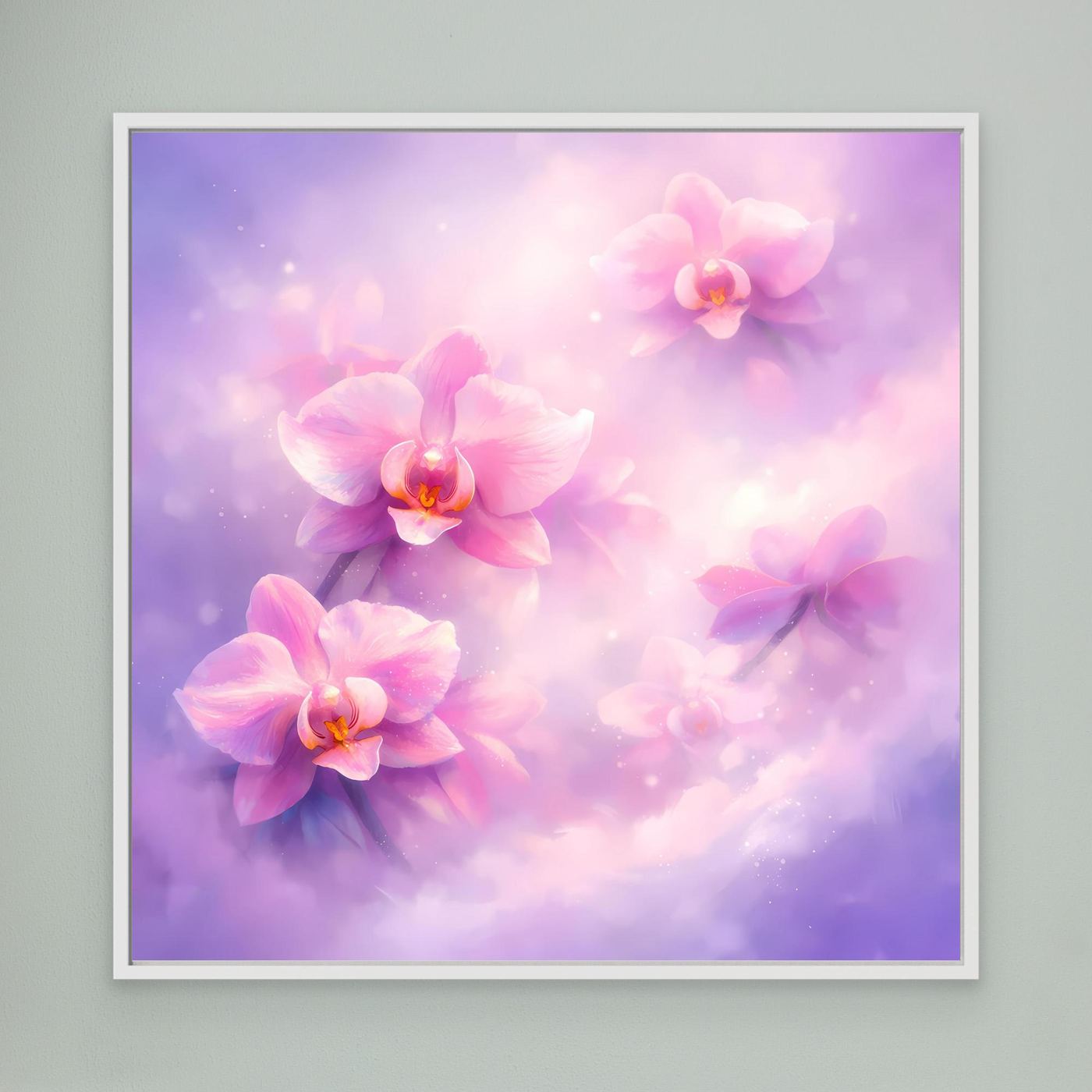 Leinwandbild mit pastellfarbenen Orchideenblüten, weißer Rahmen