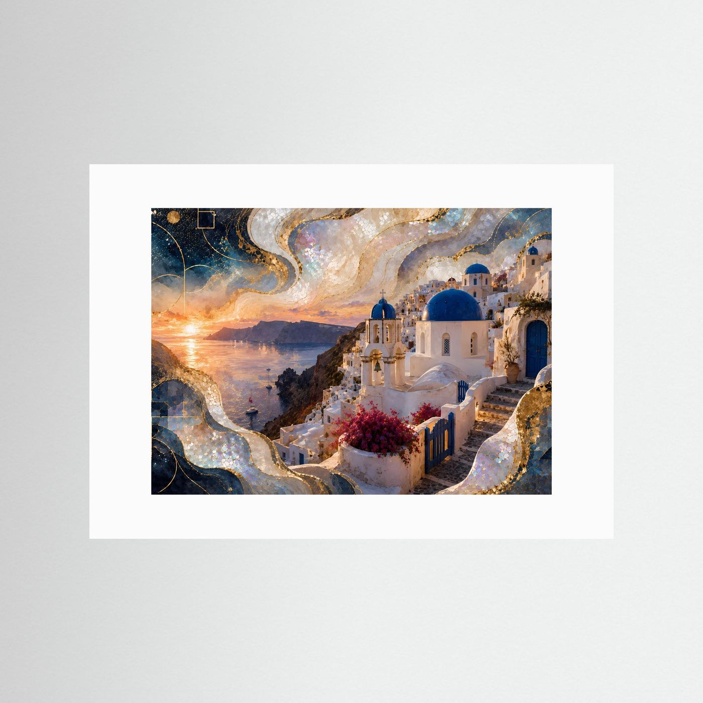 Querformat-Poster mit Santorini-Landschaft mit weißem Passepartout: Meer und goldener Sonnenuntergang