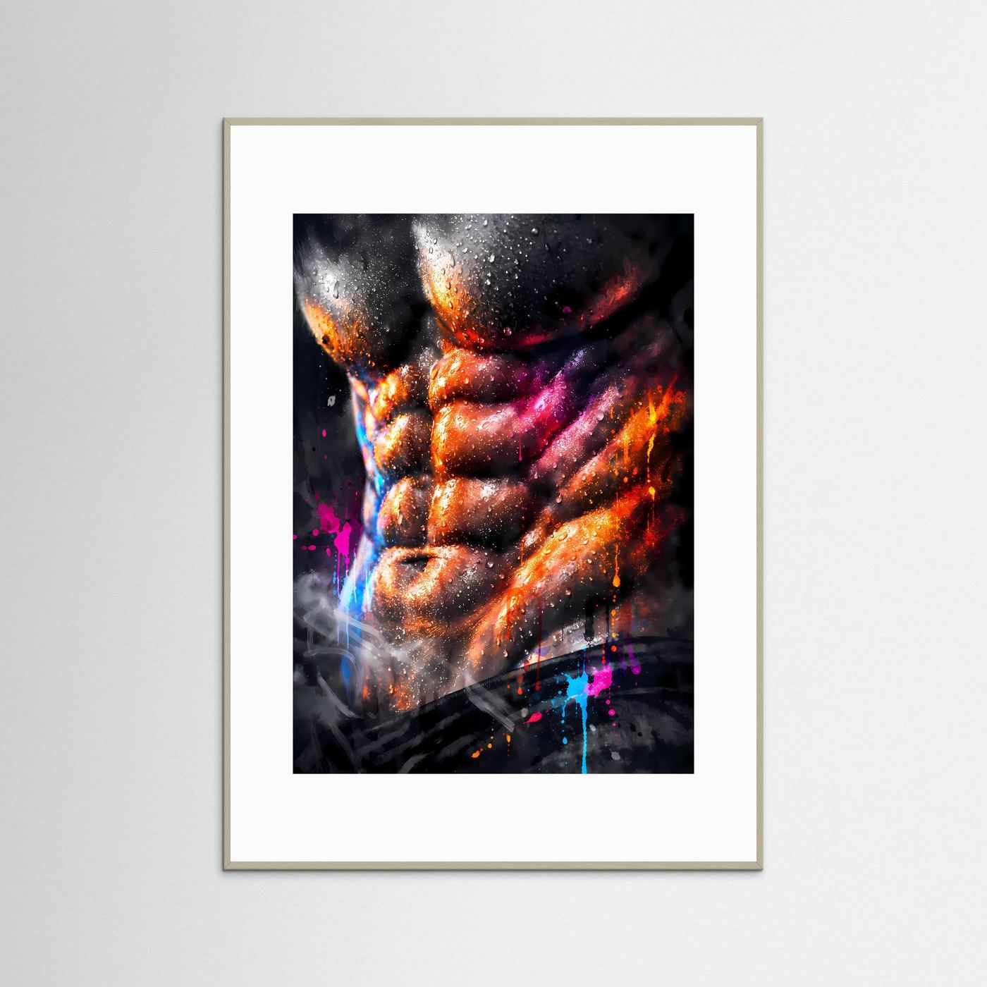Die Kunst der Definition | Neon Muskel Poster mit durchtrainiertem Sixpack & Regenbogen-Farben | Abstraktes Bodybuilding Kunstposter Hochformat