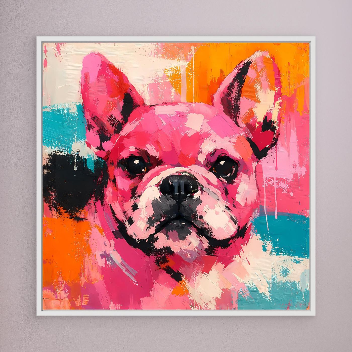Abstract French bulldog portrait painting in pink, orange, teal, and black; light frame