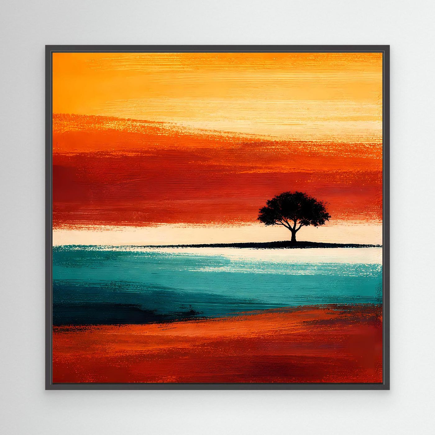 Abstraktes Leinwandbild mit Baum am Horizont, Türkis-Orange, schwarzer Rahmen