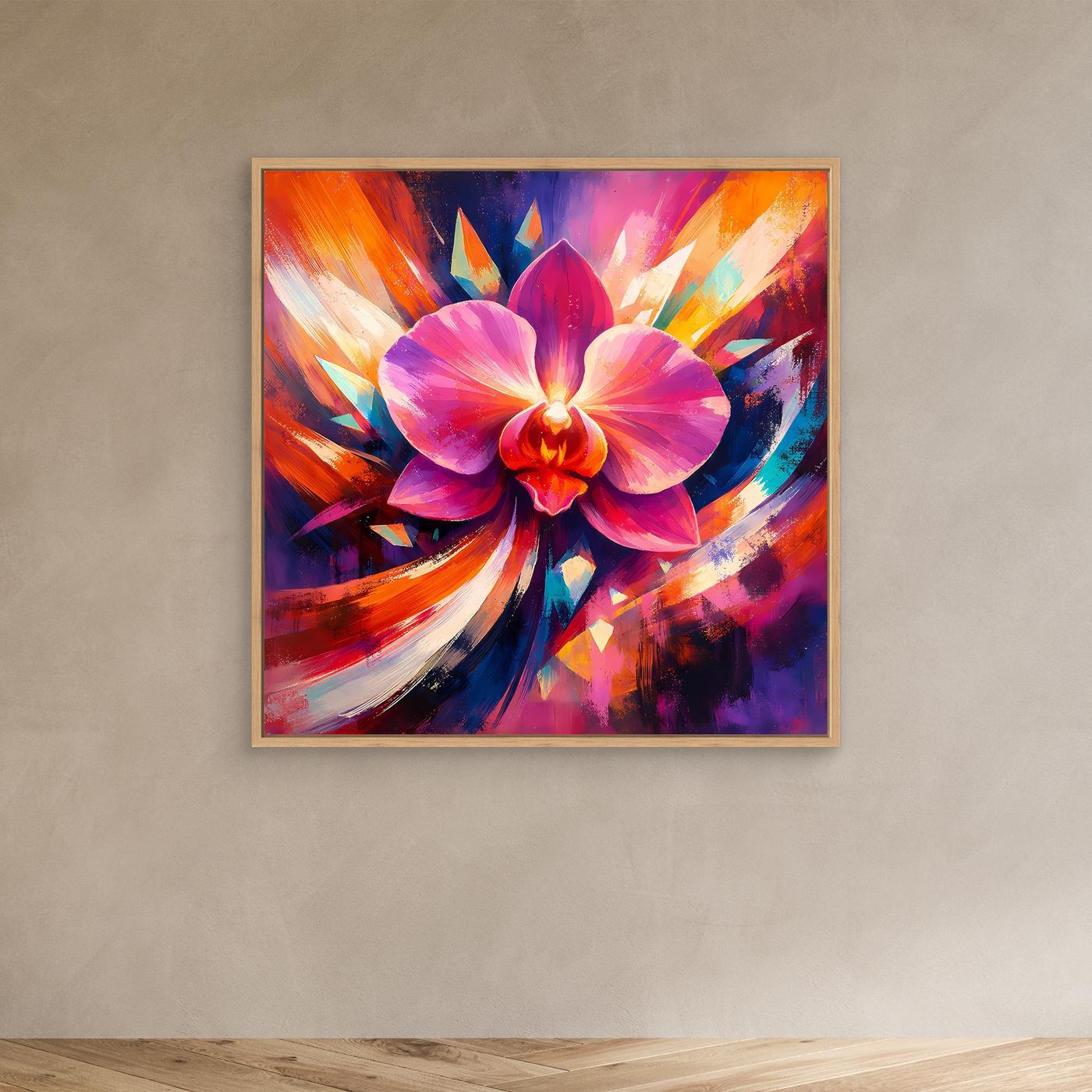 Leinwandbild mit abstrakter Orchidee in Pink und Lila, Holzrahmen