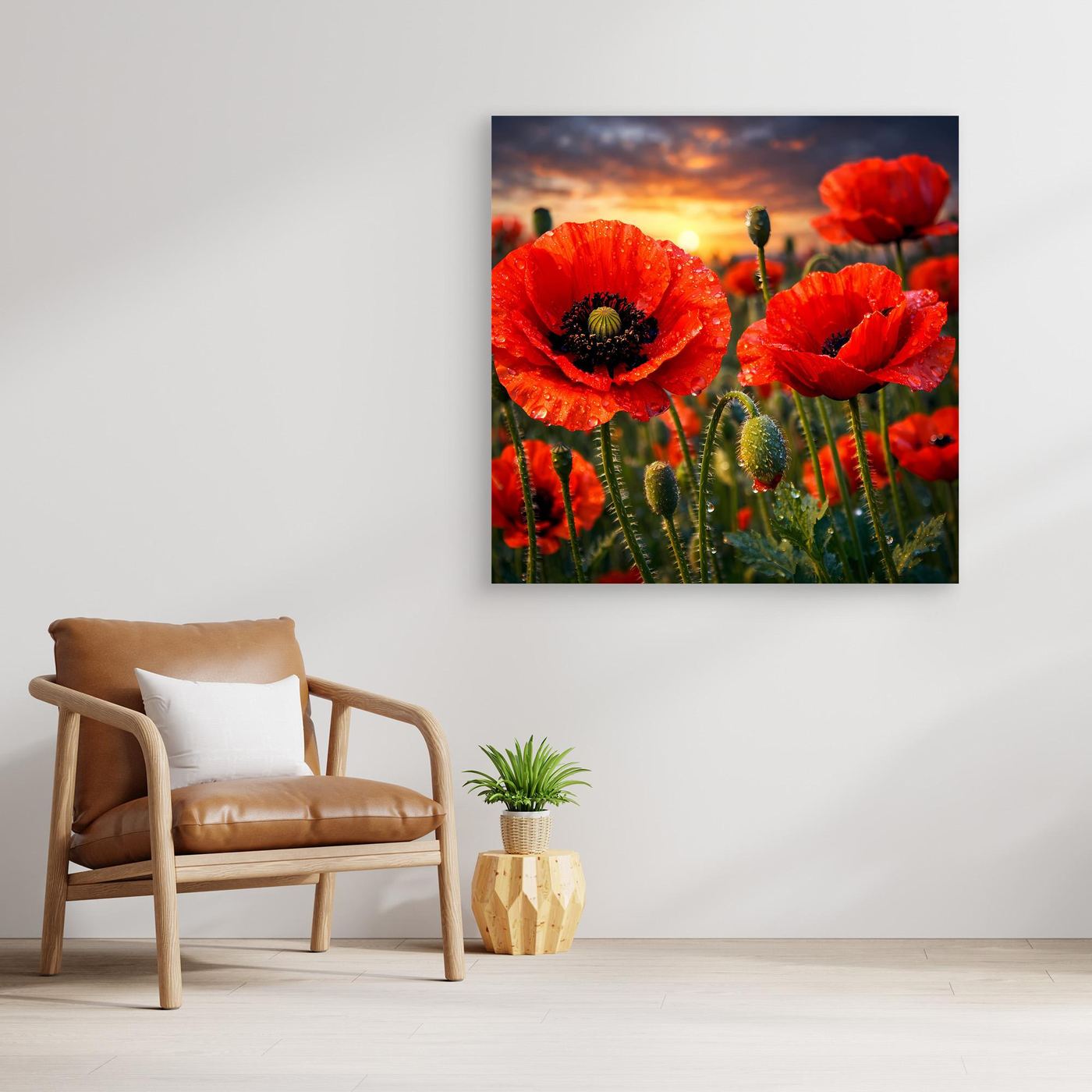 Leinwand-Wandbild mit roten Klatschmohnblüten und Abendhimmel im Holzrahmen