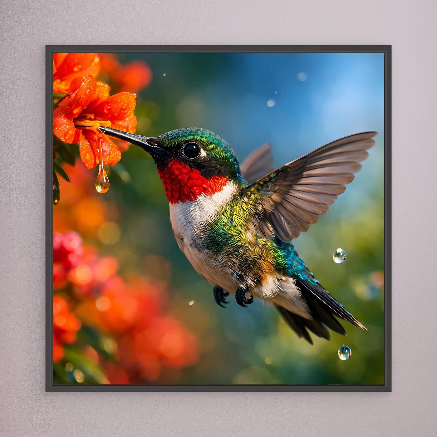 Leinwand Kolibri im Blütenrausch | Farbenfrohes Vogel Natur Wandbild