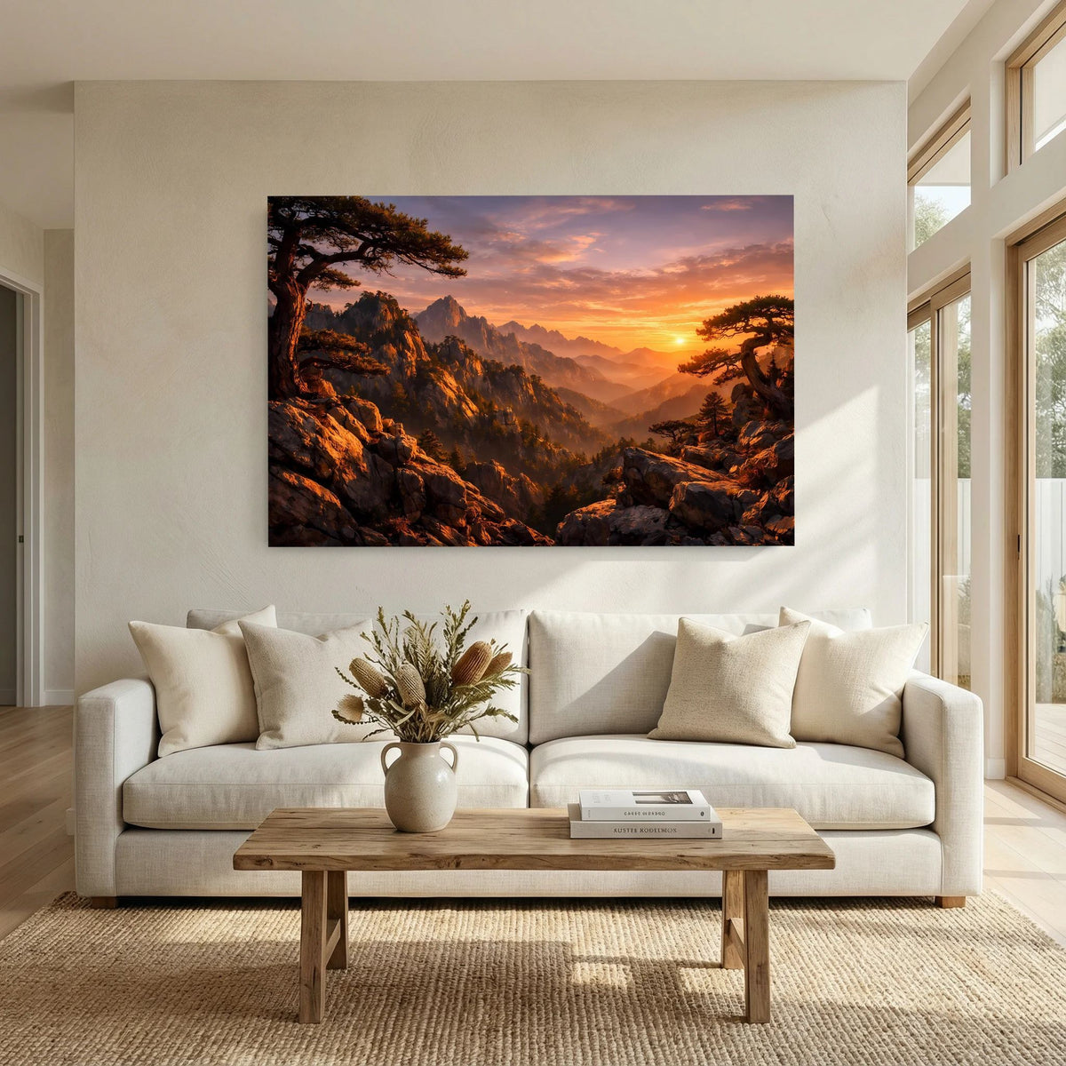Wandposter zeigt Alpenberge und Sonnenuntergangslicht in einer Berglandschaft