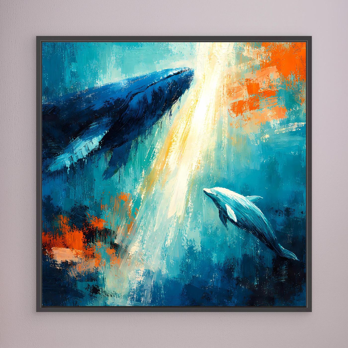Leinwand Majestätischer Wal und Delfin im Lichtstrahl | Abstraktes Meeres Wandbild