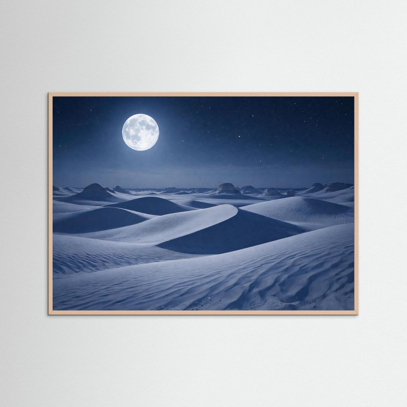 Poster im Querformat mit Sanddünen, Vollmond und Sternenhimmel, rosafarbener Rahmen